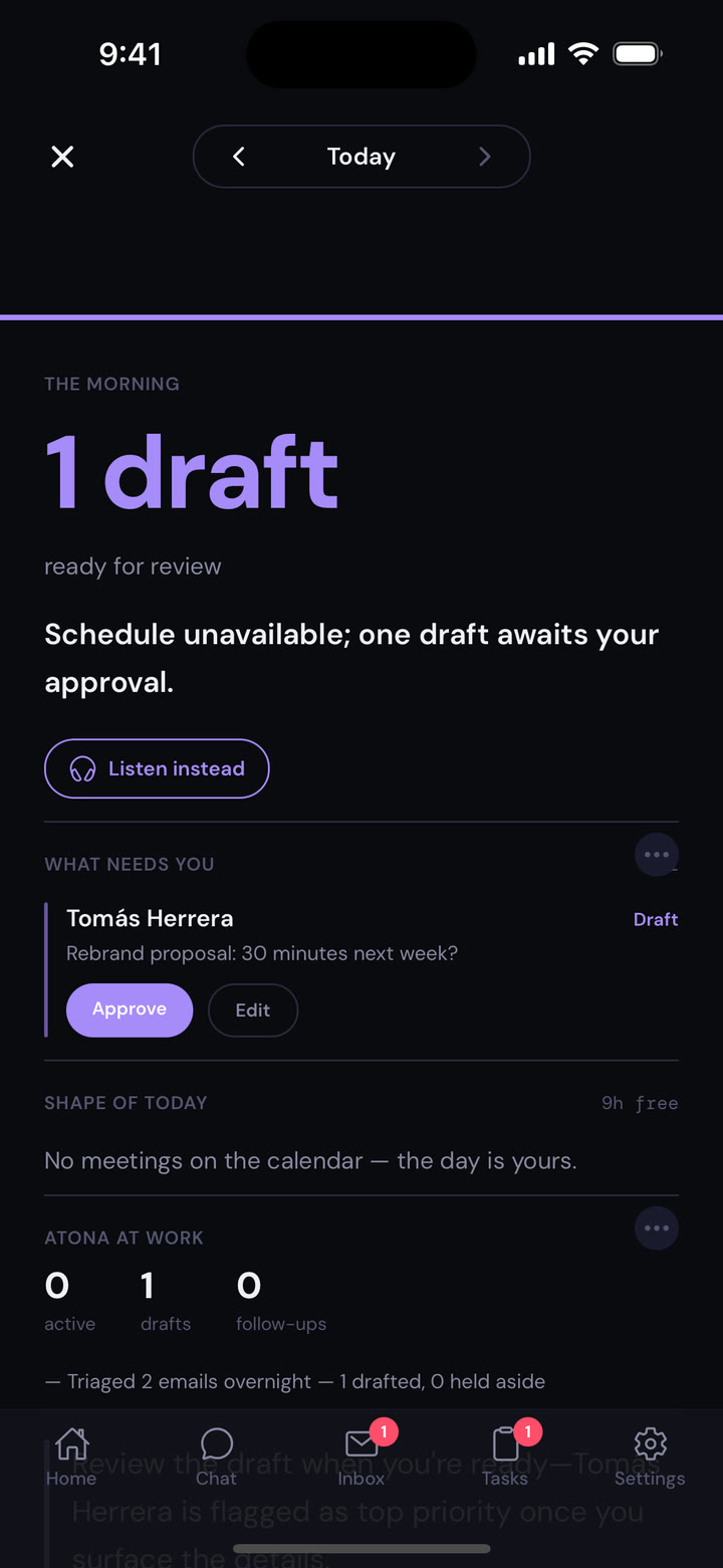 The Morning in the Atona app, dark appearance: one draft ready for review. Schedule unavailable; one draft awaits your approval. Tomás Herrera, rebrand proposal, with Approve and Edit.