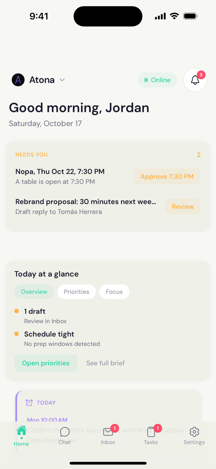 Home on iPhone: three things need Jordan, a table at Nopa with Approve 7:30 PM, a web errand with Approve and run, and a reply to Tomás with Review.