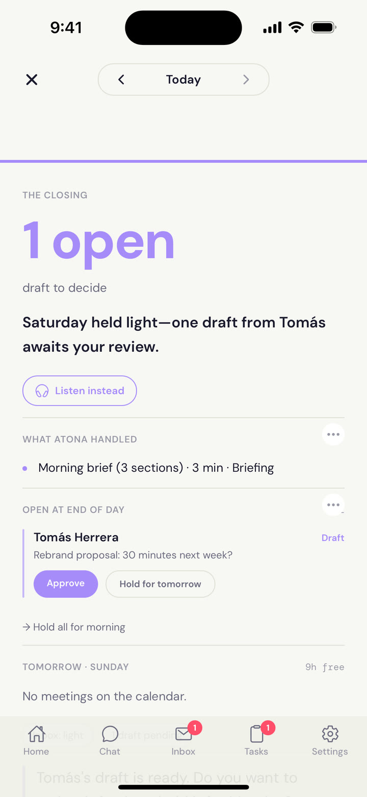 The Closing on iPhone: one open, a draft to decide; Saturday held light, one draft from Tomás awaits your review.